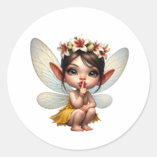 Sticker Rond Une magique petite fée qui s'accroupit