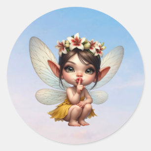 Sticker Rond Une magique petite fée qui s'accroupit