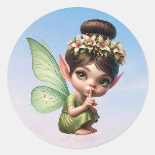 Sticker Rond Une magique petite fée qui s'accroupit