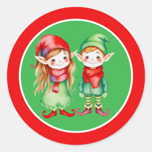 Sticker Rond Une mignonne fille et un petit elfe Noël