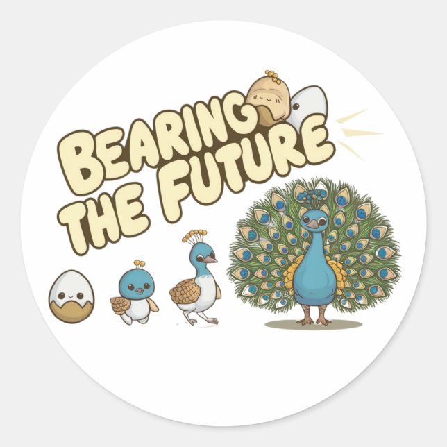 Sticker Rond Une séquence comique d'évolution de paon (Devant)