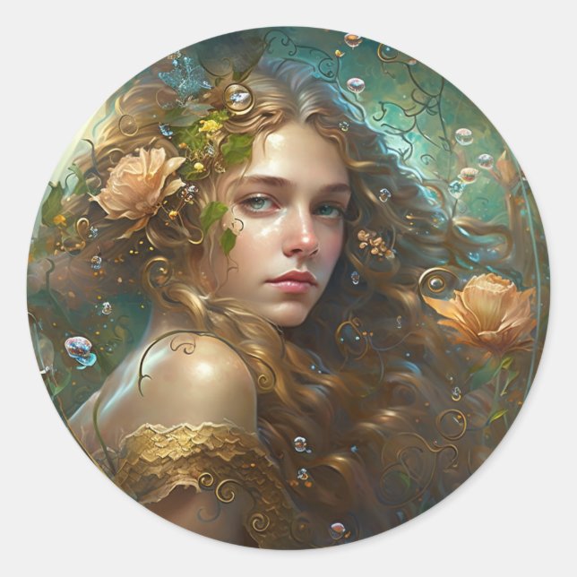 Sticker Rond Une sirène d'imaginaire aux cheveux flottants et a (Devant)