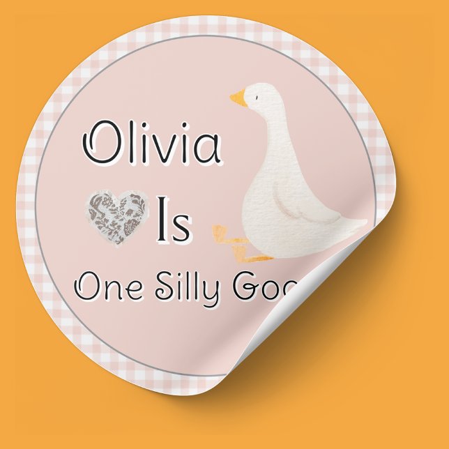Sticker Rond Une sotte rose d'oie En vichy fête d'anniversaire  (One Silly Goose Girl First Birthday Stickers)