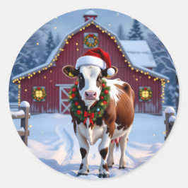 Sticker Rond Une vache festive à Santa Hat Pays Noël