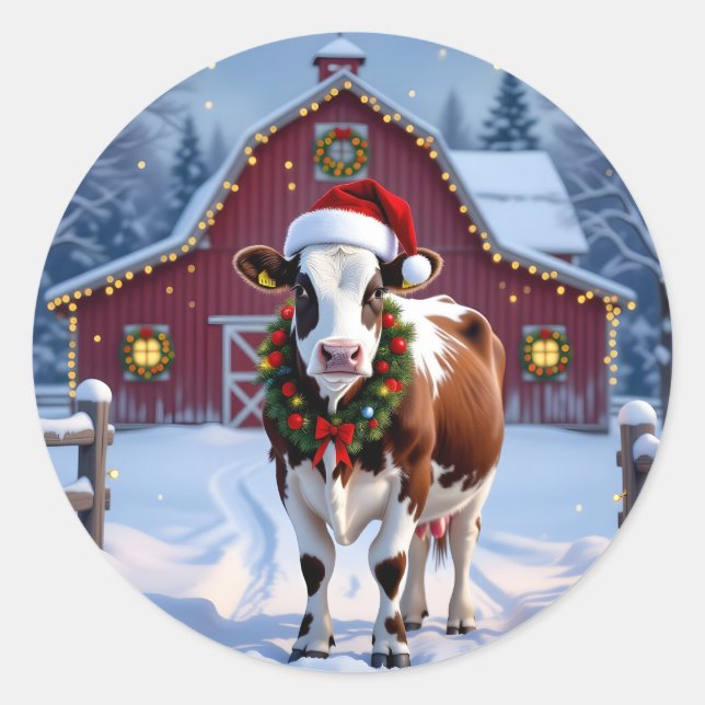 Sticker Rond Une vache festive à Santa Hat Pays Noël (Devant)