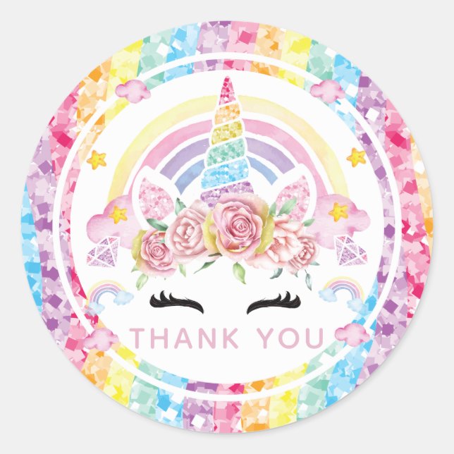 Sticker Rond Unicorn arc-en-ciel Merci d'anniversaire (Devant)