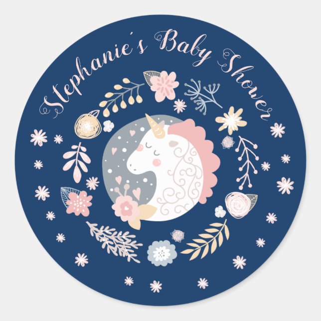 Sticker Rond Unicorn Blush & Navy Baby shower Personnalisé (Devant)
