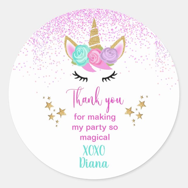 Sticker Rond Unicorn magique Merci Party (Devant)