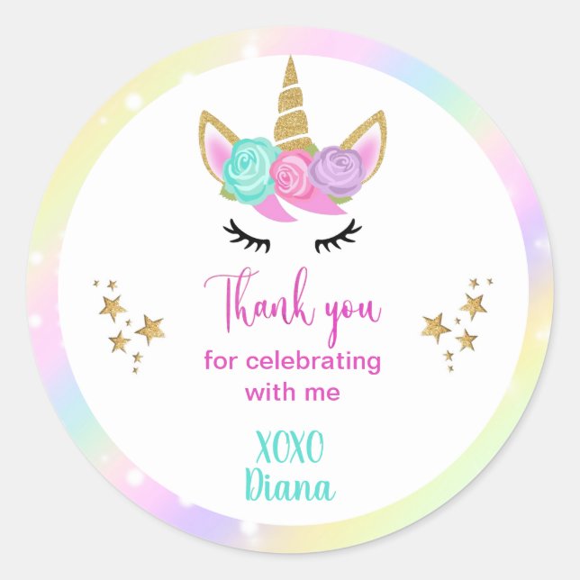 Sticker Rond Unicorn magique Rainbow Merci Party (Devant)