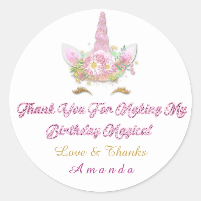 Sticker Rond Unicorn Parti rose Favoriser le Merci magique (Devant)