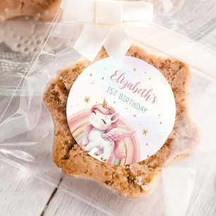 Sticker Rond Unicorn Rainbow Pink Gold Pastel Birthday