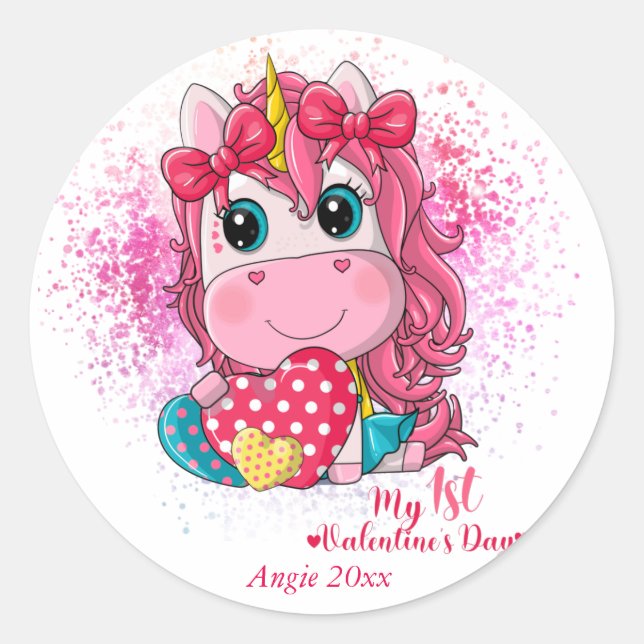 Sticker Rond Unicorne 1ère Saint Valentin (Devant)