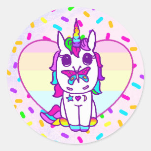 Sticker Rond Unicorne avec Papillon sur le coeur arc-en-ciel du