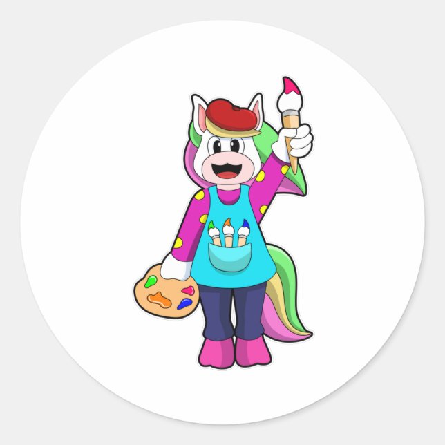 Sticker Rond Unicorne en tant que peintre (Devant)