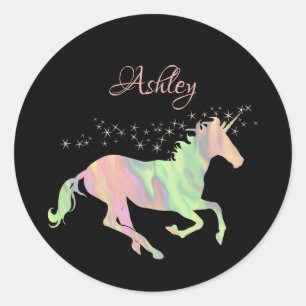 Sticker Rond Unicorne étoiles multicolores et nom