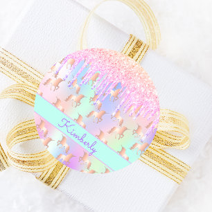 Sticker Rond Unicorne parties scintillant rose iridescente rose