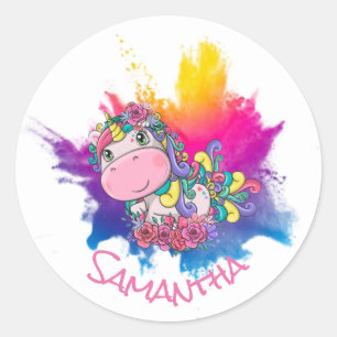 Sticker Rond Unicorne Party Purple Yellow Splash