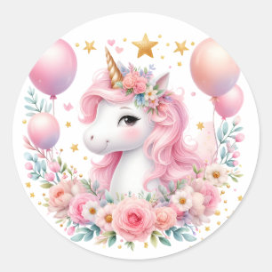 Sticker Rond Unicorne rose