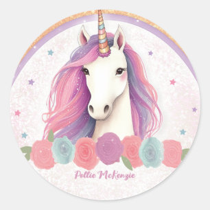 Sticker Rond Unicorne rose unique, Rose, Anniversaire arc-en-ci