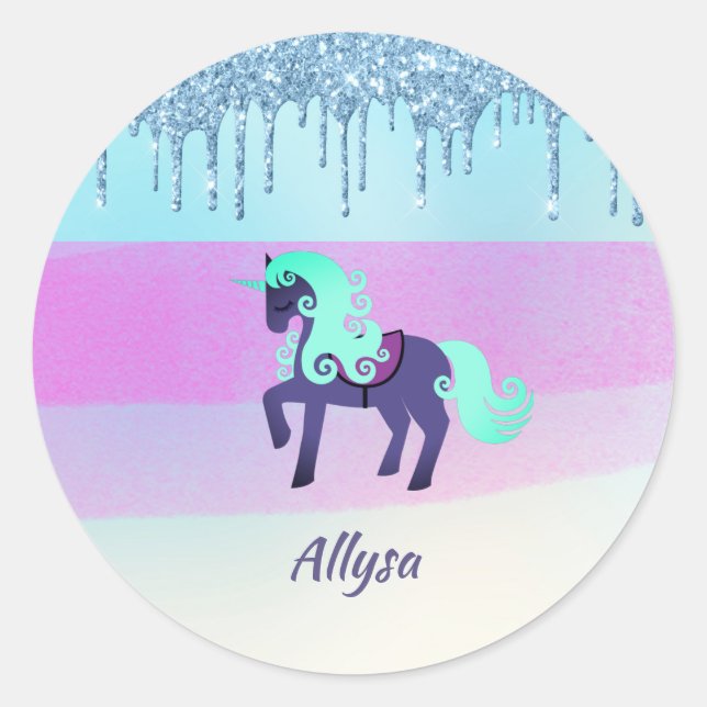 Sticker Rond Unicorne violette et Turquoise avec Parties scinti (Devant)