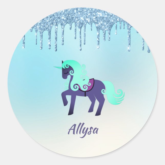 Sticker Rond Unicorne violette et Turquoise avec Parties scinti (Devant)