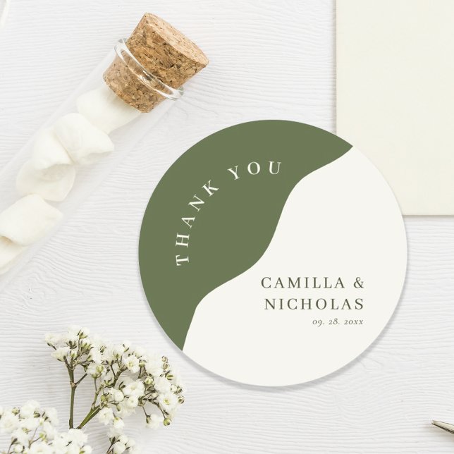 Sticker Rond Unique Chic Wavy Olive Green Curve Mariage (Créateur téléchargé)