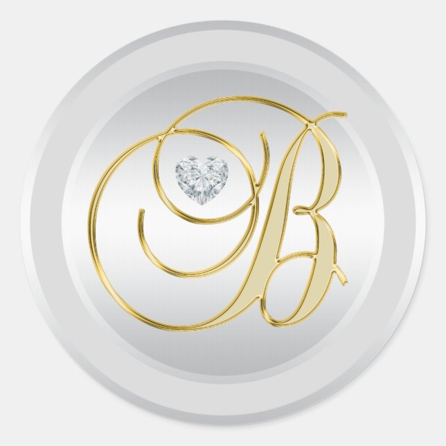 Sticker Rond Unique Élégant Argent Or Monogrammé Initial 'B' (Devant)