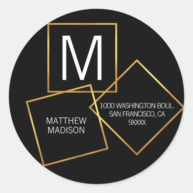 Sticker Rond Unique moderne Monogram Gold Frame Black Adresse (Devant)