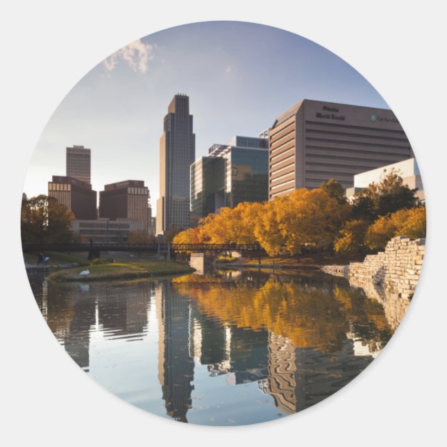 Sticker Rond USA, Nebraska, Omaha, Gene Leahy Mall, Skyline (Devant)