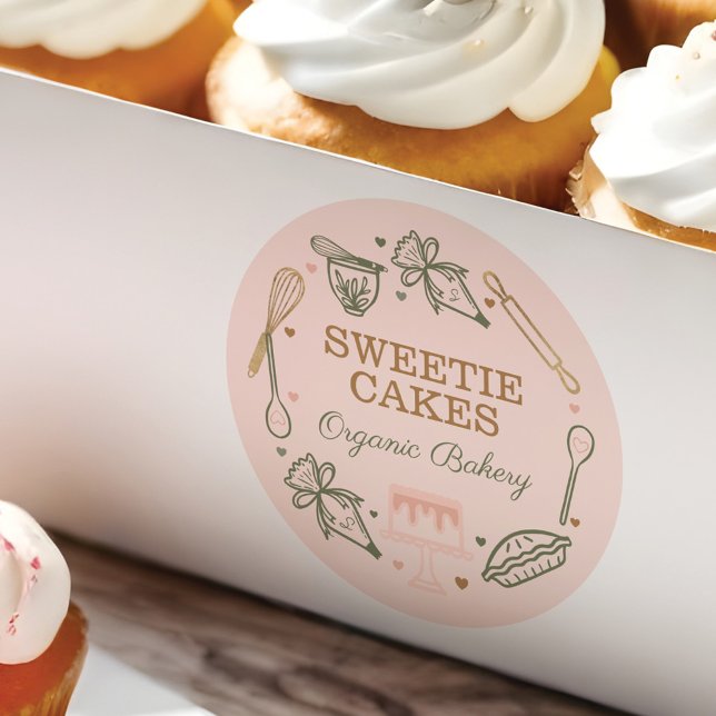 Sticker Rond Ustensile de cuisson et Cuisine rose et vert olive (Baking & Cooking Utensil Pink & Olive Green Classic Round Sticker)