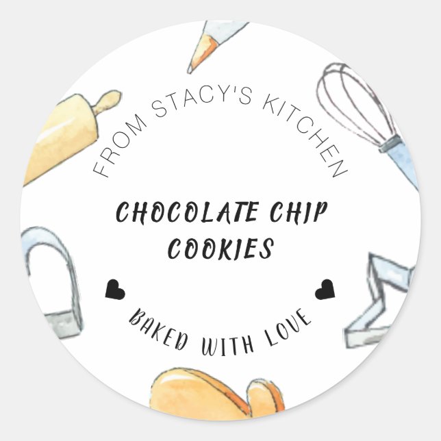 Sticker Rond Ustensiles de cuisson à l'aquarelle personnalisés (Devant)