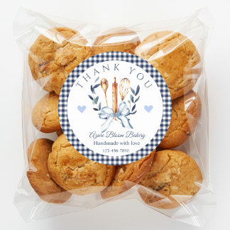 Sticker Rond Ustensiles Gingham Navy Cuisine Boulangerie Merci
