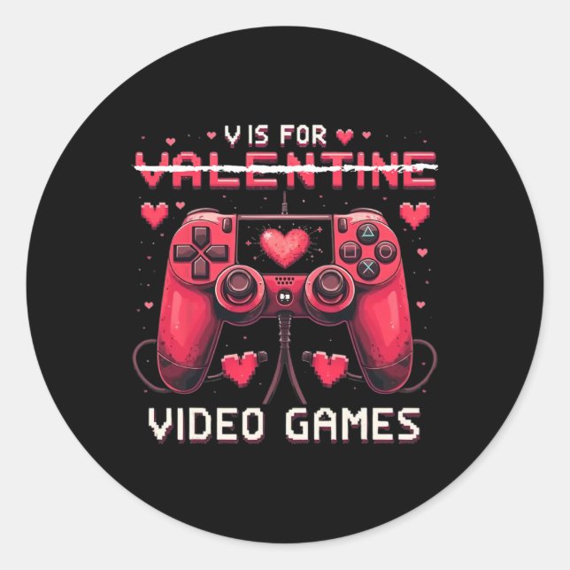 Sticker Rond V Is For Video Games Valentine Gamer Valentines Da (Devant)