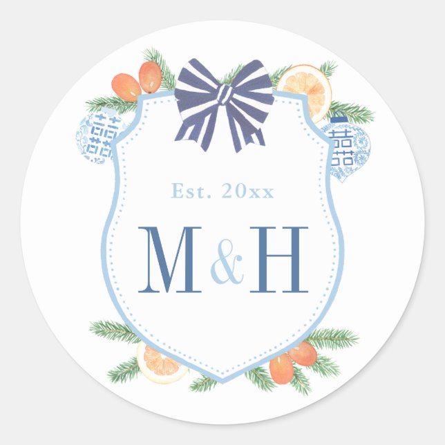 Sticker Rond Vacances à l'aquarelle Citrus Couple Monogramme Fa (Devant)