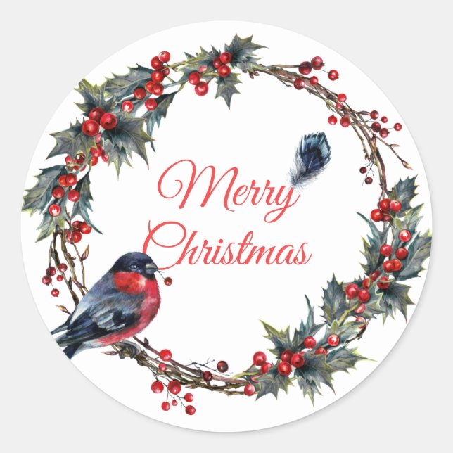 Sticker Rond Vacances Bulfinch Berry Mistletoe couronne de Noël (Devant)