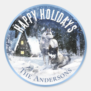 Sticker Rond Vacances Conte de fées d'hiver, Loups en neige -