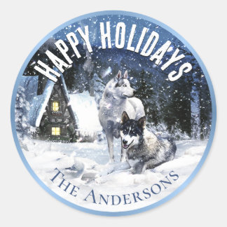 Sticker Rond Vacances Conte de fées d'hiver, Loups en neige -
