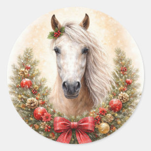Sticker Rond Vacances de Noël Beau Cheval et Couronne