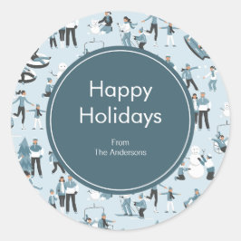 Sticker Rond Vacances de Noël en famille d'hiver