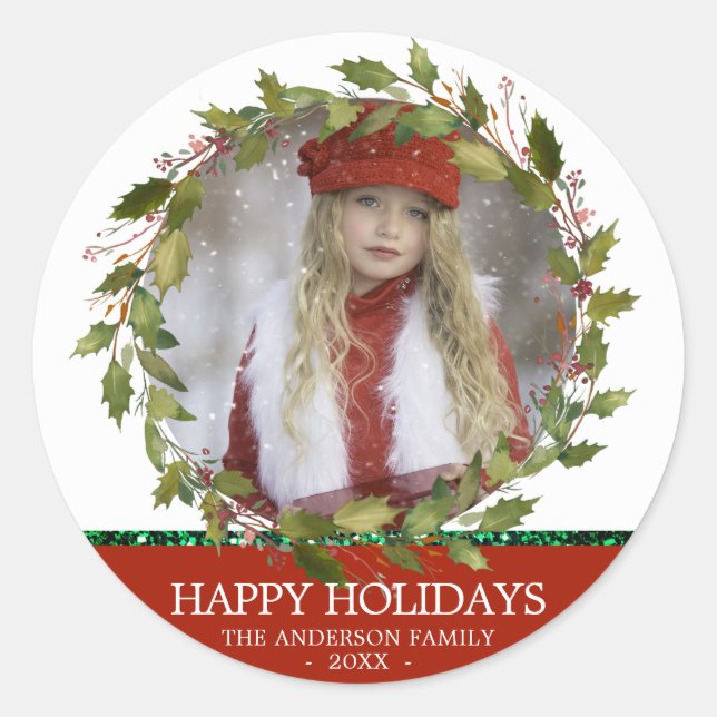 Sticker Rond Vacances de Noël Rouge Vacances Feuilles | PHOTO (Devant)