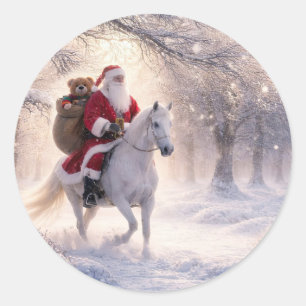 Sticker Rond Vacances de Noël Santa et Cheval