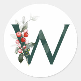 Sticker Rond Vacances d'hiver MONOGRAMME poinsettia rouge baies