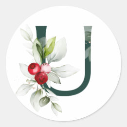 Sticker Rond Vacances d'hiver MONOGRAMME poinsettia rouge baies