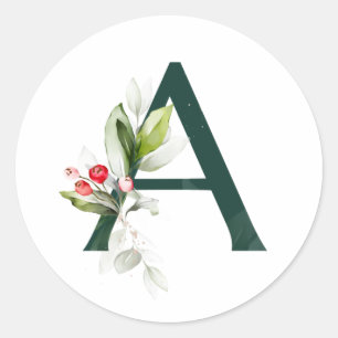 Sticker Rond Vacances d'hiver MONOGRAMME poinsettia rouge baies
