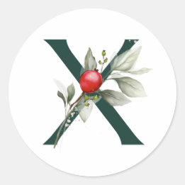 Sticker Rond Vacances d'hiver MONOGRAMME poinsettia rouge baies