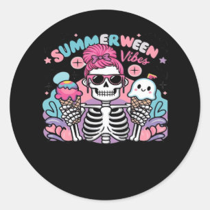Sticker Rond Vacances été Summerween Vibes Skeleton IceCream