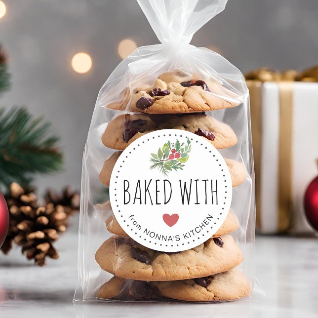 Sticker Rond Vacances Festives Verdure Cuite Avec Amour (Festive Holiday Greenery Baked With Love Classic Round Sticker)