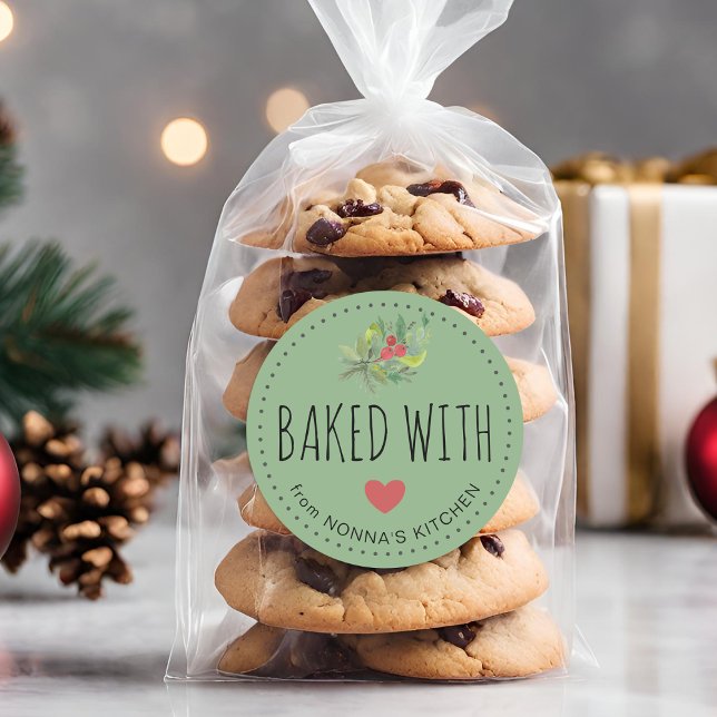 Sticker Rond Vacances Festives Verdure Cuite Avec Amour (Festive Holiday Greenery Baked With Love Classic Round Sticker)