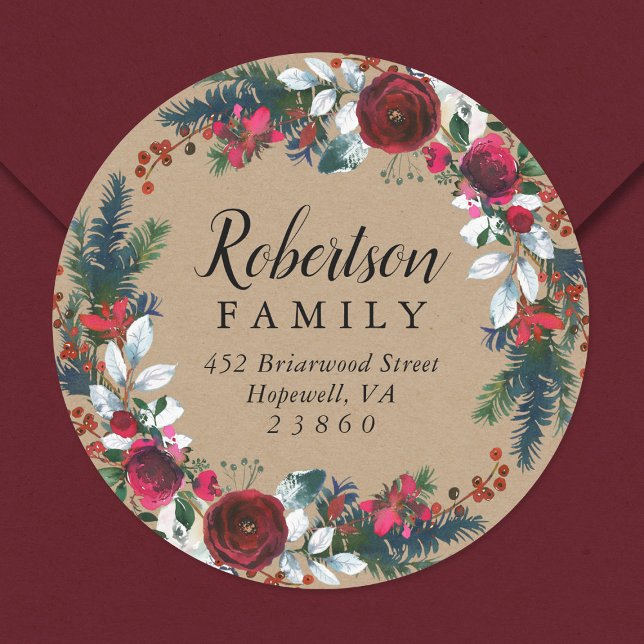 Sticker Rond Vacances Florales Couronnes de Noël Adresse de ret (Créateur téléchargé)