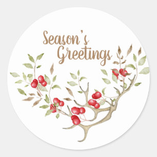 Sticker Rond Vacances Florales Joyeuses Fêtes Aquarelle Rouge